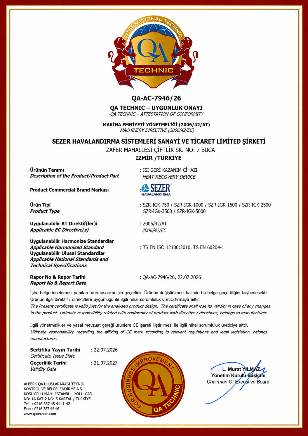 QA Technic Isı Geri Kazanım Cihazı Uygunluk Onayı